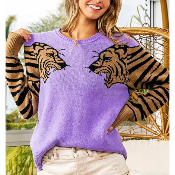 BIBI Large Tiger Cat Graphic Lavender Sweater Animal Print Pullover - Picture 2 of 7